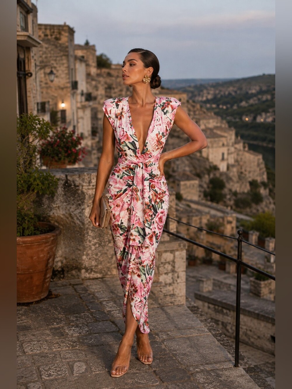 Floral Pink Deep-V Tie-Waist Jumpsuit